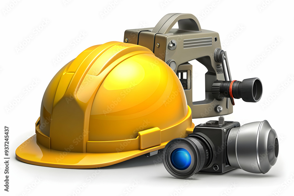 Photo Realistic as Hard hat and production equipment concept as A hard hat paired with production equipment symbolizing the essential head protection in manufacturing settings ideal for isolated vecto Photo Realistic as Hard hat and production equipment concept as A hard hat paired with production equipment symbolizing the essential head protection in manufacturing settings ideal for isolated vecto