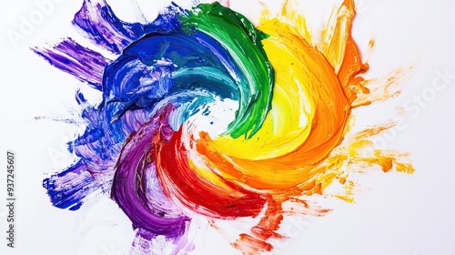 Swiirl of rainbow colored oil paint, centered on a white background in a spiral. 16:9