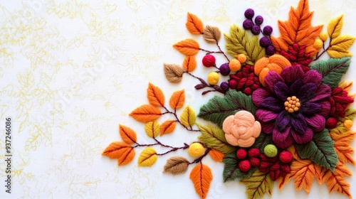 Embroidered sewing craft, floral autumn bouquet with copy space