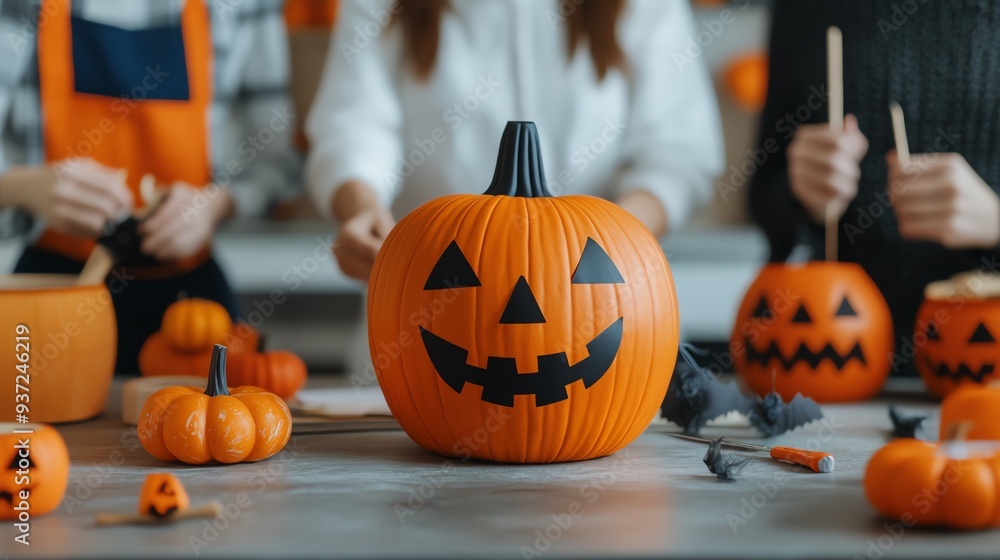 Adults making Halloween-themed decorations and props Adults making Halloween-themed decorations and props