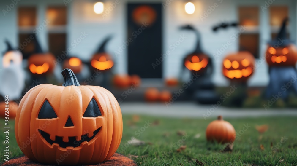 Decorated front yard with Halloween-themed figures and lights Decorated front yard with Halloween-themed figures and lights