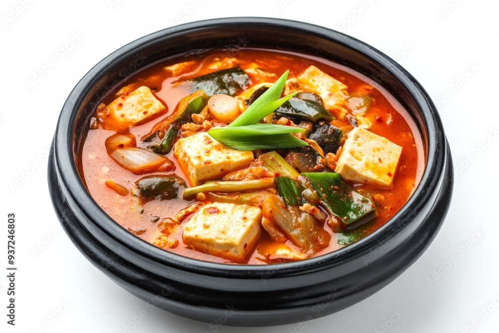 Sundubu Jjigae , A spicy stew made with uncurdled tofu, vegetables, sometimes seafood, and gochujang or gochugaru (Korean chili powder). Isolated on White Background Sundubu Jjigae , A spicy stew made with uncurdled tofu, vegetables, sometimes seafood, and gochujang or gochugaru (Korean chili powder). Isolated on White Background