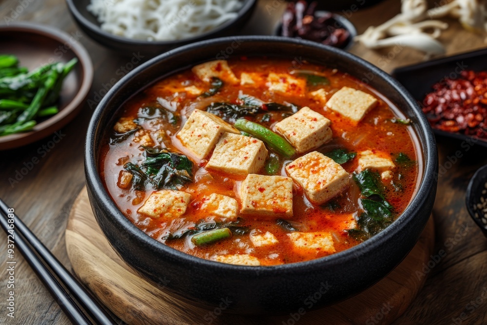 Sundubu Jjigae, A spicy stew made with uncurdled tofu, vegetables, sometimes seafood, and gochujang or gochugaru (Korean chili powder). Sundubu Jjigae, A spicy stew made with uncurdled tofu, vegetables, sometimes seafood, and gochujang or gochugaru (Korean chili powder).