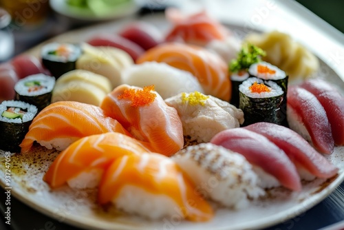 Sushi, A dish consisting of vinegared rice accompanied by various ingredients such as raw fish, vegetables, and occasionally tropical fruits.