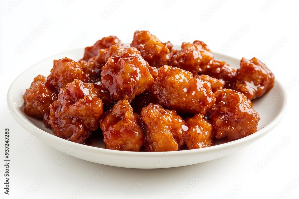 Sweet and Sour Pork , A popular dish consisting of deep-fried pork pieces coated in a tangy and sweet sauce made from sugar, vinegar, and ketchup. Isolated on White Background Sweet and Sour Pork , A popular dish consisting of deep-fried pork pieces coated in a tangy and sweet sauce made from sugar, vinegar, and ketchup. Isolated on White Background
