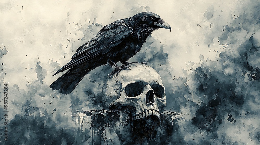 Fototapeta premium Watercolor painting of a raven perched on a skull, creating a dark, poetic scene that blends nature with symbolism in a gothic style.