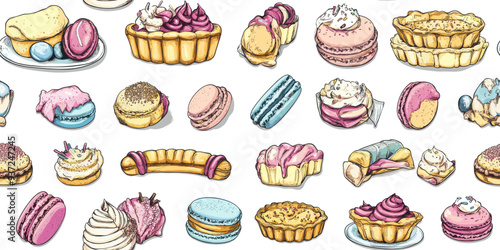 Variety of colorful pastries and sweets including macarons, tarts, and eclairs in a playful pattern on a white background