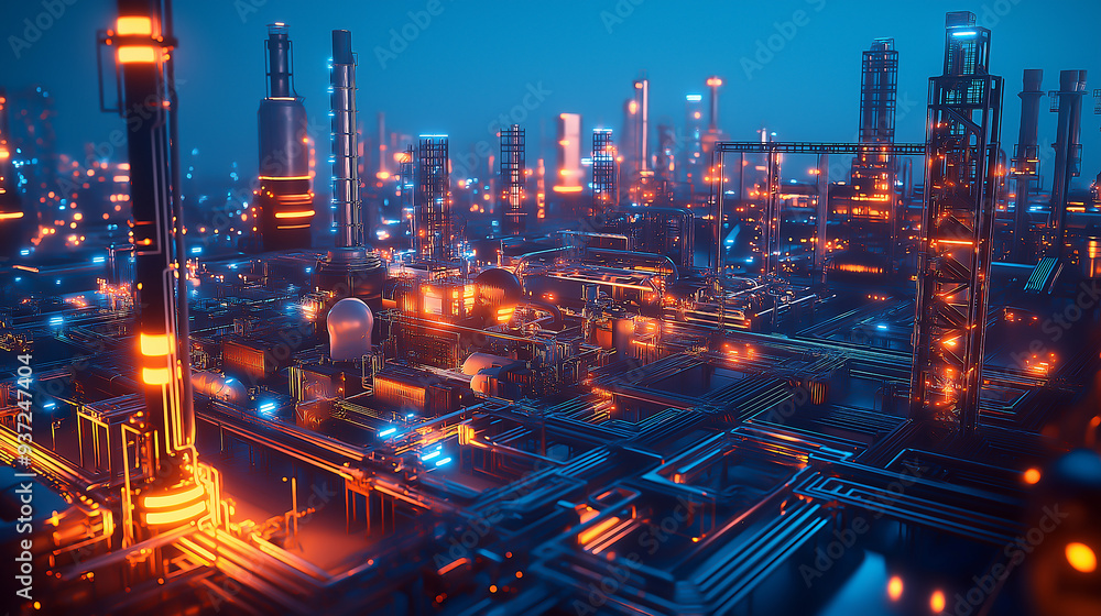 A futuristic energy hub with neon-lit power plants and advanced renewable energy sources A futuristic energy hub with neon-lit power plants and advanced renewable energy sources