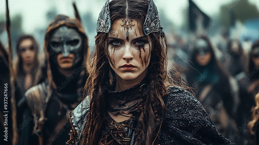 Warrior woman with face paint and crown, symbolizing strength and power in a visually striking and intense portrait. Warrior woman with face paint and crown, symbolizing strength and power in a visually striking and intense portrait.
