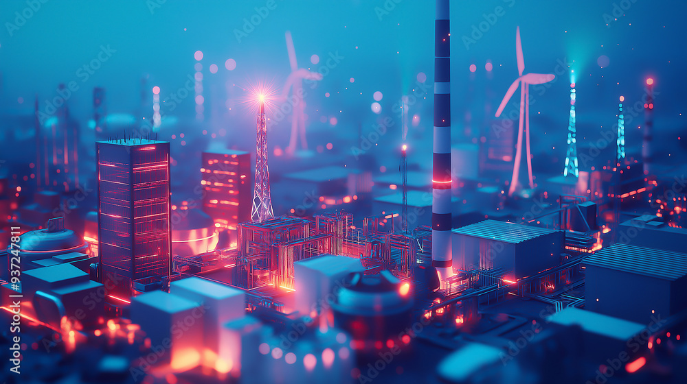 A futuristic energy hub with neon-lit power plants and advanced renewable energy sources A futuristic energy hub with neon-lit power plants and advanced renewable energy sources