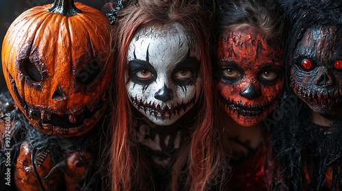 Scary Halloween costumes for kids, with makeup and pumpkin face paint, showcasing the playful and spooky side of Halloween.