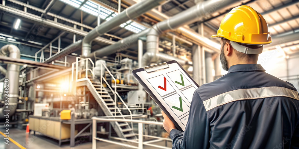 Photo Realistic as Safety checklist and industrial process concept as A safety checklist paired with an industrial process symbolizing the importance of safety checks in manufacturing workflows perfec Photo Realistic as Safety checklist and industrial process concept as A safety checklist paired with an industrial process symbolizing the importance of safety checks in manufacturing workflows perfec