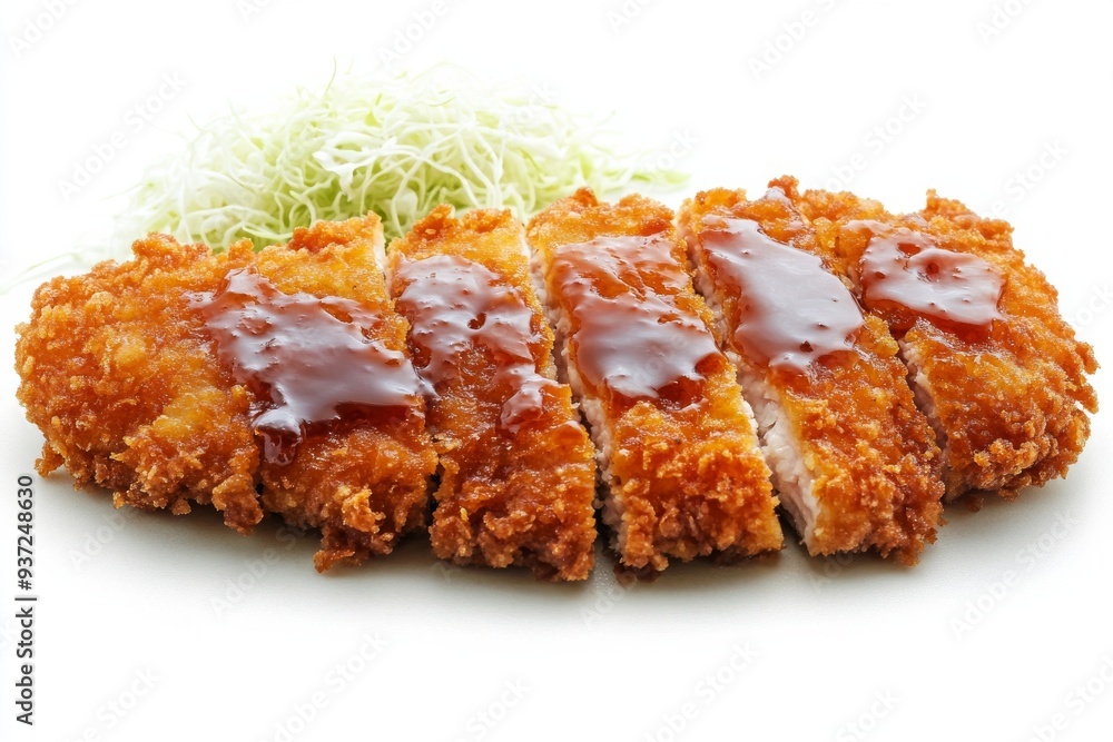 Tonkatsu, Breaded and deep-fried pork cutlet, typically served with shredded cabbage and a thick, sweet sauce. Isolated on White Background Tonkatsu, Breaded and deep-fried pork cutlet, typically served with shredded cabbage and a thick, sweet sauce. Isolated on White Background