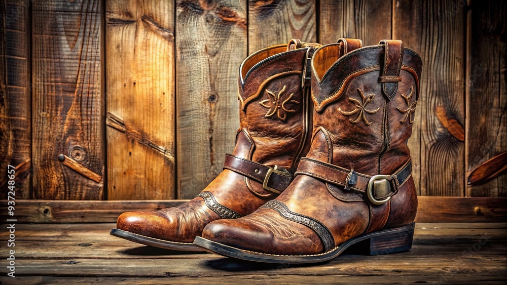 Distressed brown leather cowboy boots with intricate stitching and ornate buckles rest on a worn wooden floor, evoking a rustic, nostalgic atmosphere. Distressed brown leather cowboy boots with intricate stitching and ornate buckles rest on a worn wooden floor, evoking a rustic, nostalgic atmosphere.