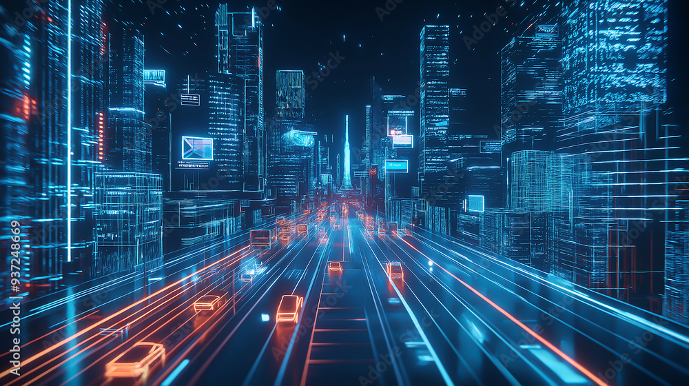 A futuristic city with holographic entertainment displays and intelligent AI traffic management A futuristic city with holographic entertainment displays and intelligent AI traffic management