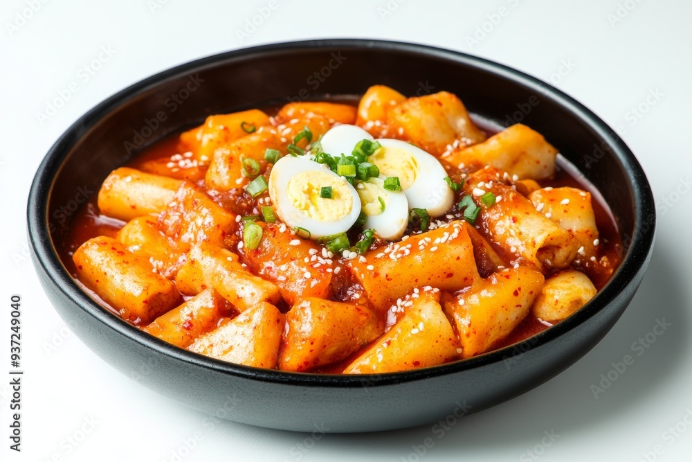 Fototapeta premium Tteokbokki, Stir-fried rice cakes in a spicy and sweet gochujang sauce, often mixed with fish cakes and boiled eggs. isolated on white background