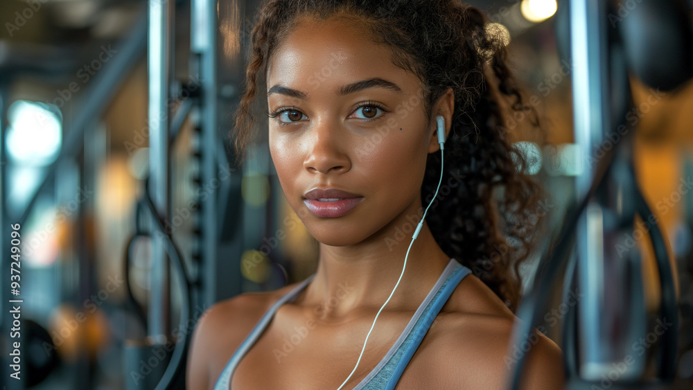 Close-up portrait of a young woman in a gym, wearing earphones. Focused and determined expression, perfect for fitness and health concepts. Close-up portrait of a young woman in a gym, wearing earphones. Focused and determined expression, perfect for fitness and health concepts.