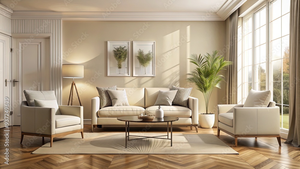 Fototapeta premium Elegant, cream-colored sofa and armchair amidst beige walls, wood flooring, and natural light, creating a serene and inviting atmosphere in a modern living space.