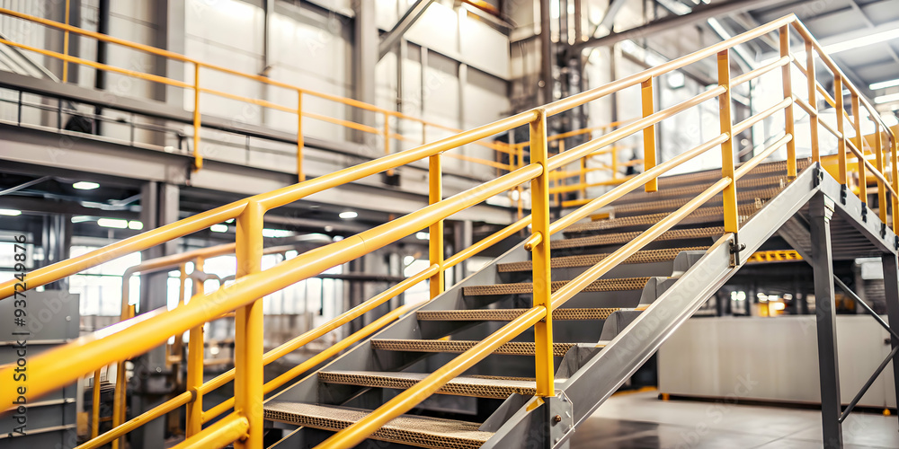 Photo Realistic as Safety rail and factory staircase concept as A safety rail paired with a factory staircase symbolizing the importance of secure handrails in industrial settings perfect for isolated Photo Realistic as Safety rail and factory staircase concept as A safety rail paired with a factory staircase symbolizing the importance of secure handrails in industrial settings perfect for isolated