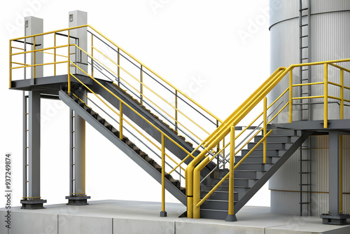 Photo Realistic as Safety rail and factory staircase concept as A safety rail paired with a factory staircase symbolizing the importance of secure handrails in industrial settings perfect for isolated photo