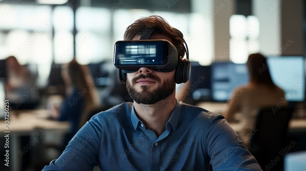 Immersed in Innovation: A focused developer, wearing a virtual reality headset, explores a world of possibilities in a modern office setting. The image evokes a sense of wonder and excitement, refle Immersed in Innovation: A focused developer, wearing a virtual reality headset, explores a world of possibilities in a modern office setting. The image evokes a sense of wonder and excitement, refle