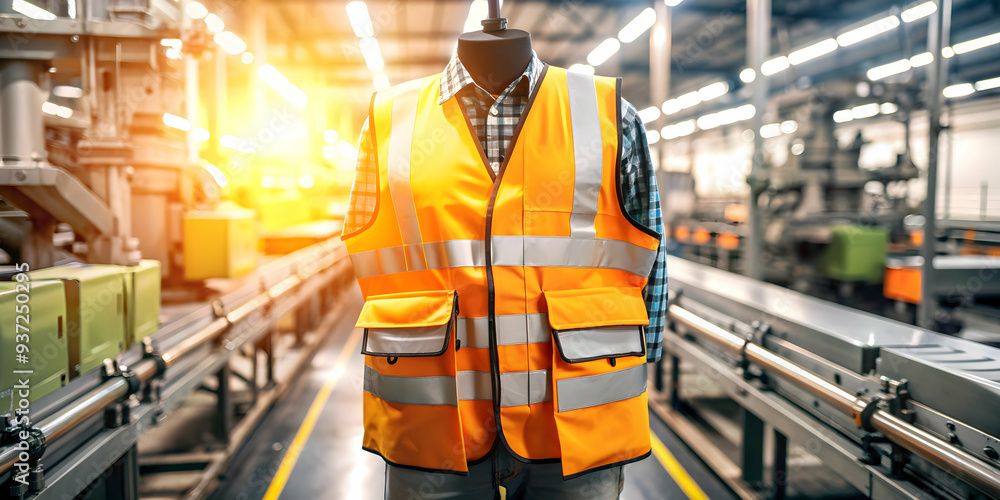 Photo Realistic as Safety vest and assembly line concept as A safety vest paired with an assembly line symbolizing the visibility and safety measures in manufacturing processes perfect for isolated ve