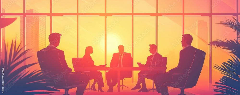 A silhouette of business professionals engaged in a meeting against a vibrant sunset backdrop, symbolizing teamwork and strategy. A silhouette of business professionals engaged in a meeting against a vibrant sunset backdrop, symbolizing teamwork and strategy.