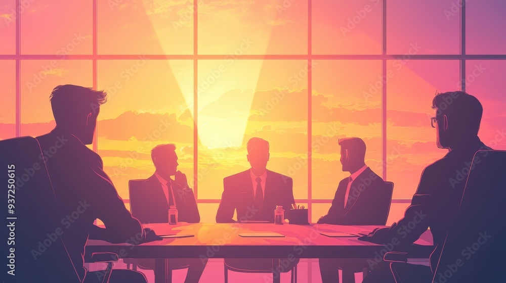Silhouette of business professionals in a meeting, featuring a stunning sunset backdrop, symbolizing collaboration and strategy. Silhouette of business professionals in a meeting, featuring a stunning sunset backdrop, symbolizing collaboration and strategy.