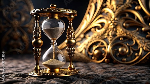 Elegant golden hourglass with intricate engravings rests on a luxurious black velvet surface, symbolizing the preciousness and fleeting nature of time. photo