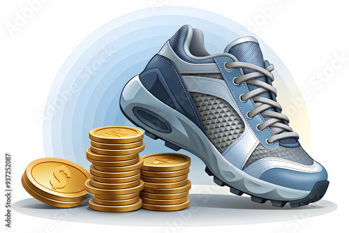 Photo Realistic as Sports shoes and coin stack concept as Sports shoes and a stack of coins symbolizing the combination of an active lifestyle and financial accumulation perfect for isolated vector de