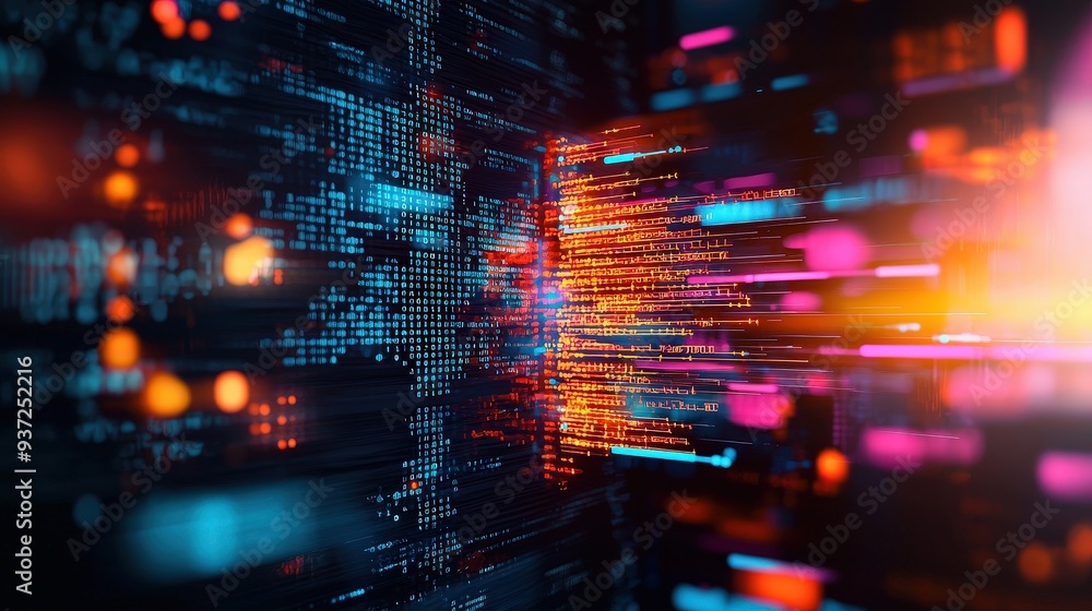 Fototapeta premium Colorful poster featuring a command-line interface with C code set against a high-tech digital background