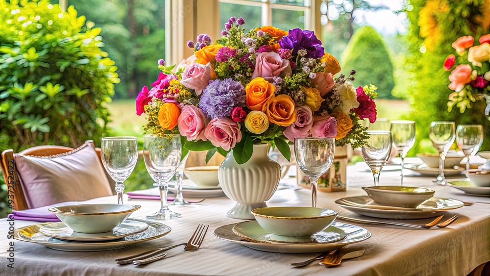 Elegantly set table with fine china, linen napkins, and a vibrant bouquet of fresh flowers, creating a warm and inviting atmosphere for a special occasion. Elegantly set table with fine china, linen napkins, and a vibrant bouquet of fresh flowers, creating a warm and inviting atmosphere for a special occasion.
