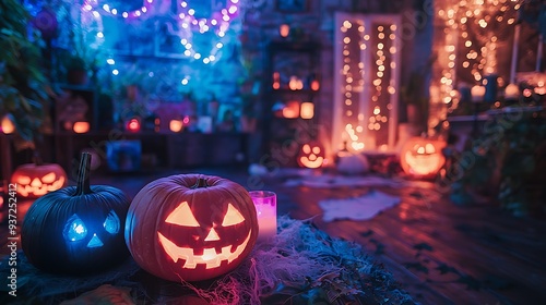 Glowing Jack O' Lanterns with spooky Halloween decor, creating a festive and eerie atmosphere perfect for celebrating the spookiest night of the year.