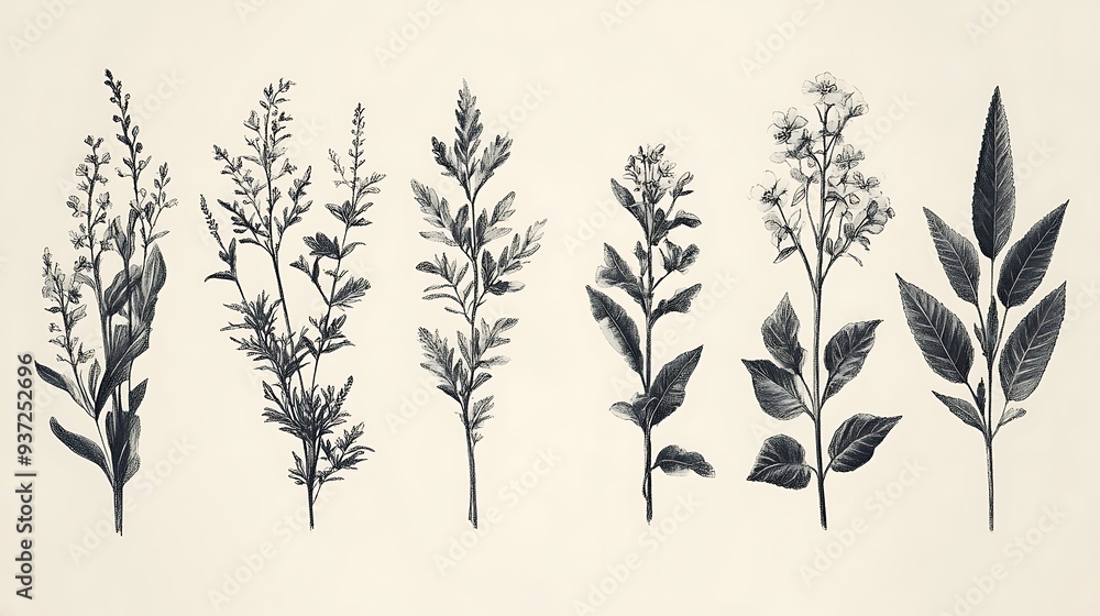 Naklejka premium Hand-drawn black and white botanical illustration of six plants, blending detailed line work with the simplicity of monochrome design.