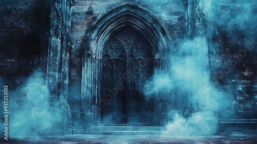 Mysterious gothic church doorway with smoke and fog, blending eerie visuals with the haunting atmosphere of a forgotten sacred space.