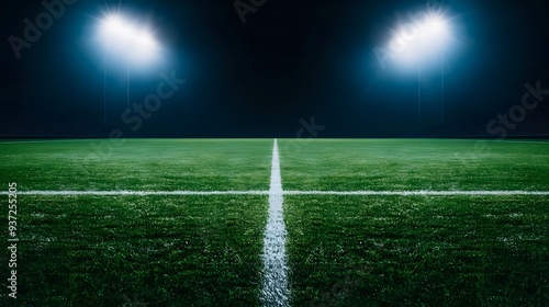 A stadium with a bright green field and a dark sky