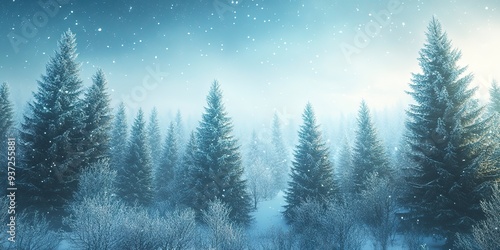 A serene, snowy landscape engulfs a forest with tall trees partially coated in frost under a clear, starry sky. 