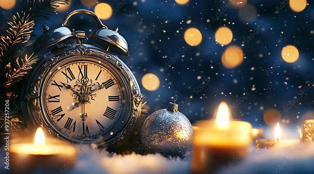 a gold pocket watch sits on a Christmas tree, new year decoration a gold pocket watch sits on a Christmas tree, new year decoration