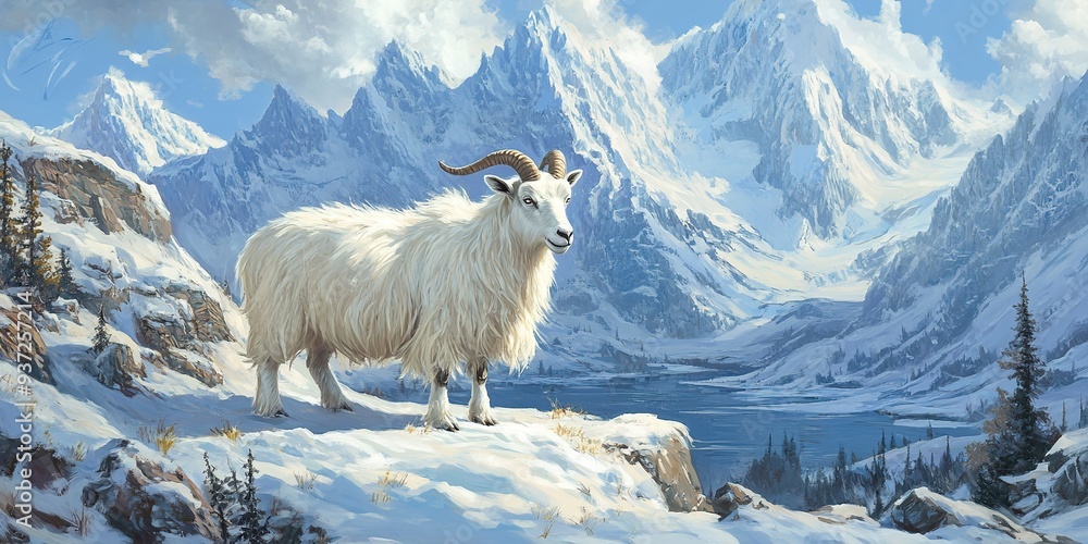 Fototapeta premium The goat in the snowy mountains