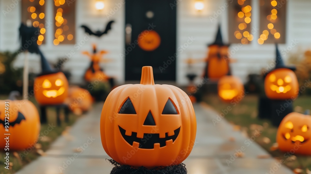 Decorated front yard with Halloween-themed figures and lights Decorated front yard with Halloween-themed figures and lights