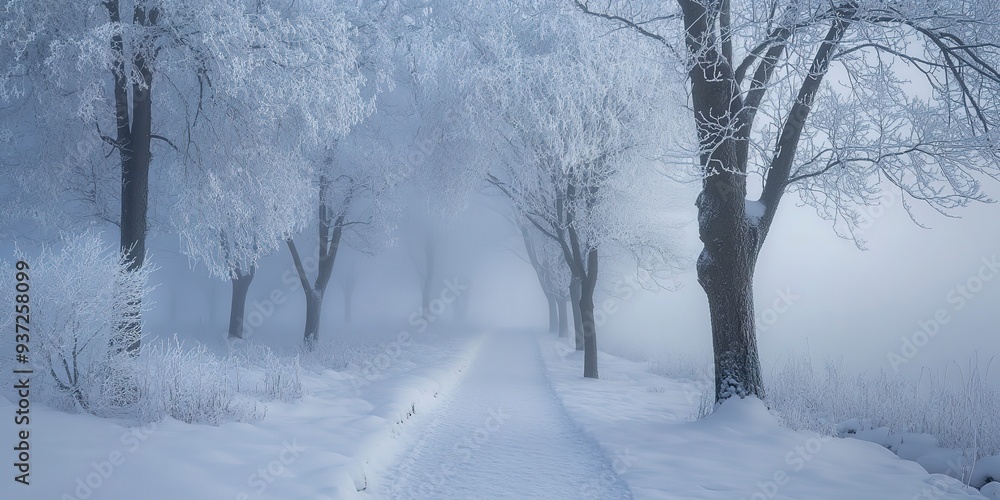 Winter scene with frosted trees and snow - A serene winter landscape displays frosted trees alongside a snowy path, engulfed in fog and silence Winter scene with frosted trees and snow - A serene winter landscape displays frosted trees alongside a snowy path, engulfed in fog and silence