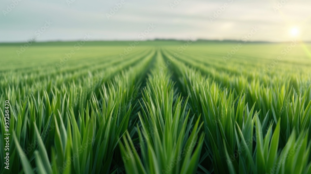 Fototapeta premium Lush Green Field, a vast expanse of vibrant grass stretches into the horizon, illuminated by the soft glow of the morning sun against a clear sky.