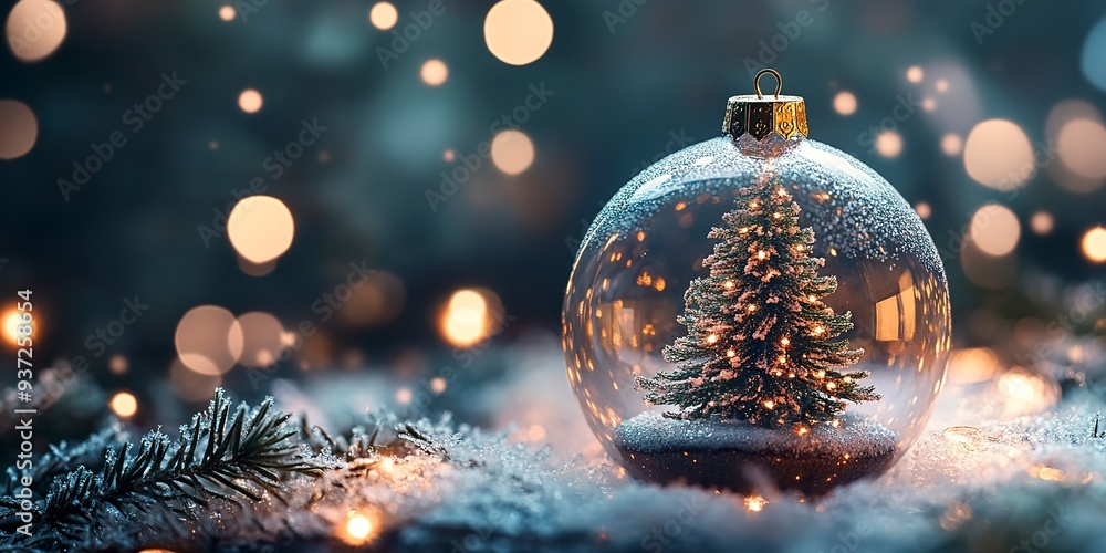 A Christmas Ornament Enclosing A Miniature Christmas Tree, Surrounded By Frost And Bokeh Lights A Christmas Ornament Enclosing A Miniature Christmas Tree, Surrounded By Frost And Bokeh Lights