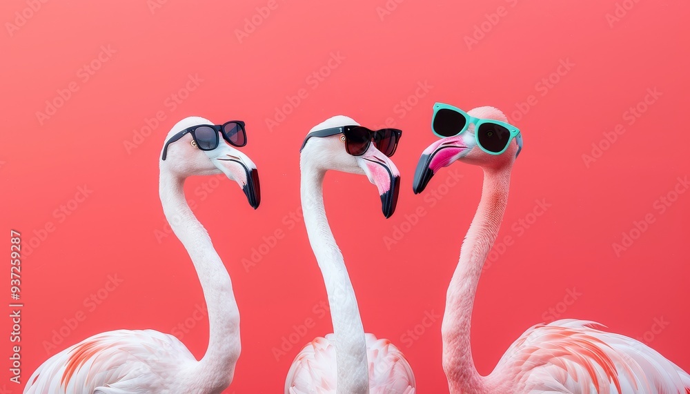 Naklejka premium Flamingos in Sunglasses Against Red Background