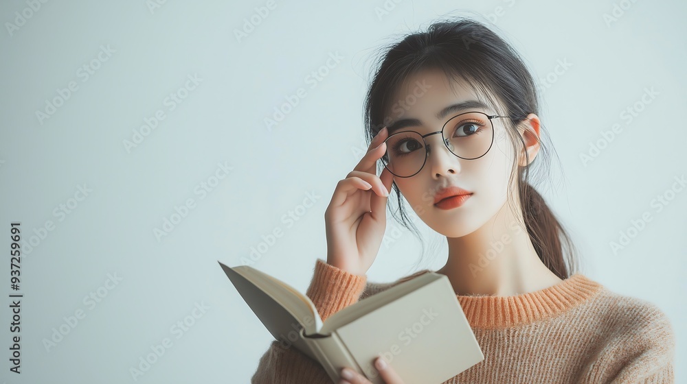 A beautiful Asian woman is holding an open book in her hand and wearing glasses A beautiful Asian woman is holding an open book in her hand and wearing glasses