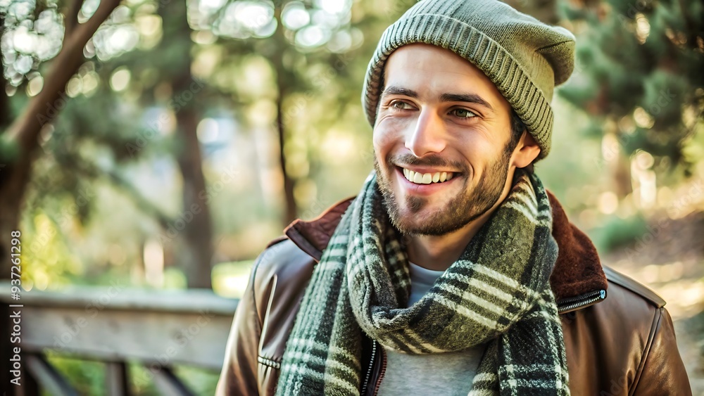 Happy Man In Winter Outfit Smiling In Forest. Happy Man In Winter Outfit Smiling In Forest.