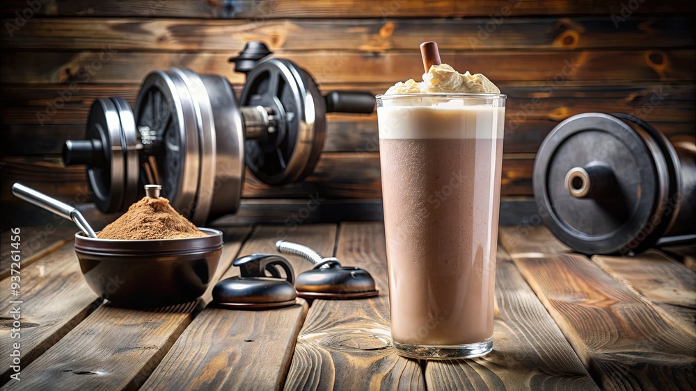 Obraz premium Freshly mixed protein shake with scoop and ingredients on a rustic wooden table, surrounded by fitness equipment and a water bottle in the background.