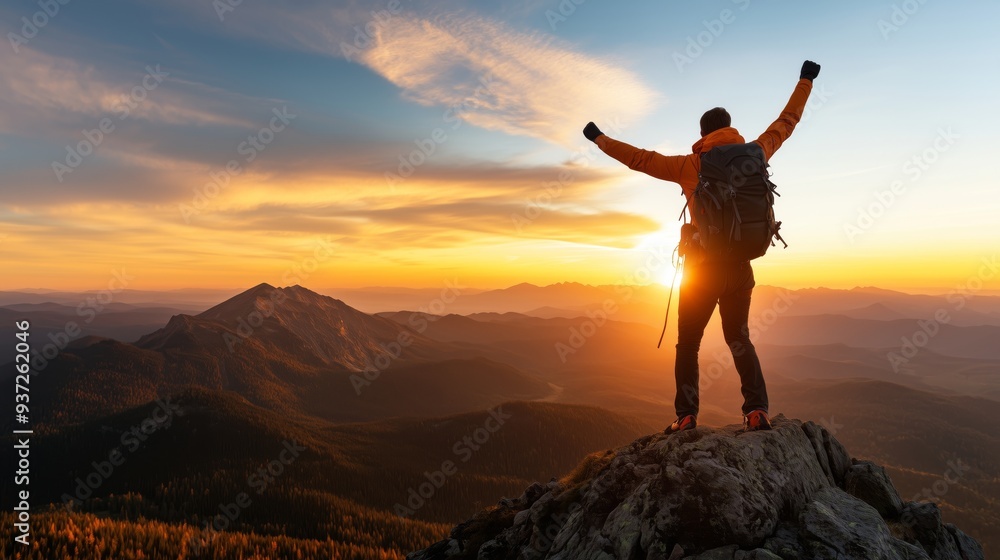 Triumphant hiker with raised arms standing on mountain peak at sunrise, symbolizing achievement and adventure. Outdoor exploration and success concept Triumphant hiker with raised arms standing on mountain peak at sunrise, symbolizing achievement and adventure. Outdoor exploration and success concept