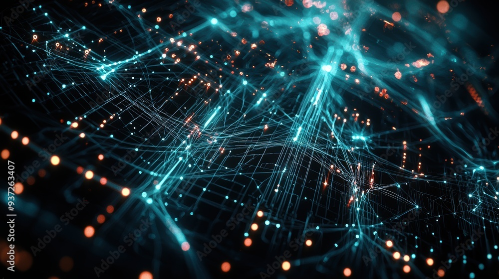 Obraz premium An abstract visualization of AI, featuring a complex web of interconnected nodes and circuits, with glowing lines representing the flow of information, set against a dark, futuristic background 
