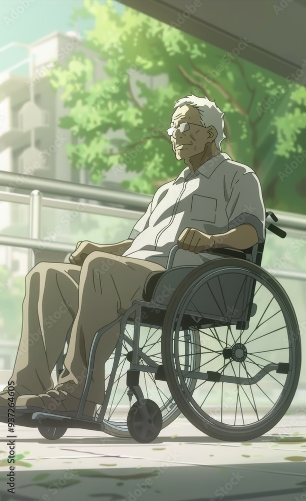 An elderly man with a disability sits in a wheelchair, surrounded by greenery, contemplating in a serene outdoor setting An elderly man with a disability sits in a wheelchair, surrounded by greenery, contemplating in a serene outdoor setting